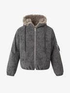 Fur-Trimmed Star-Pendant Suede-Finish Hooded Bomber Jacket