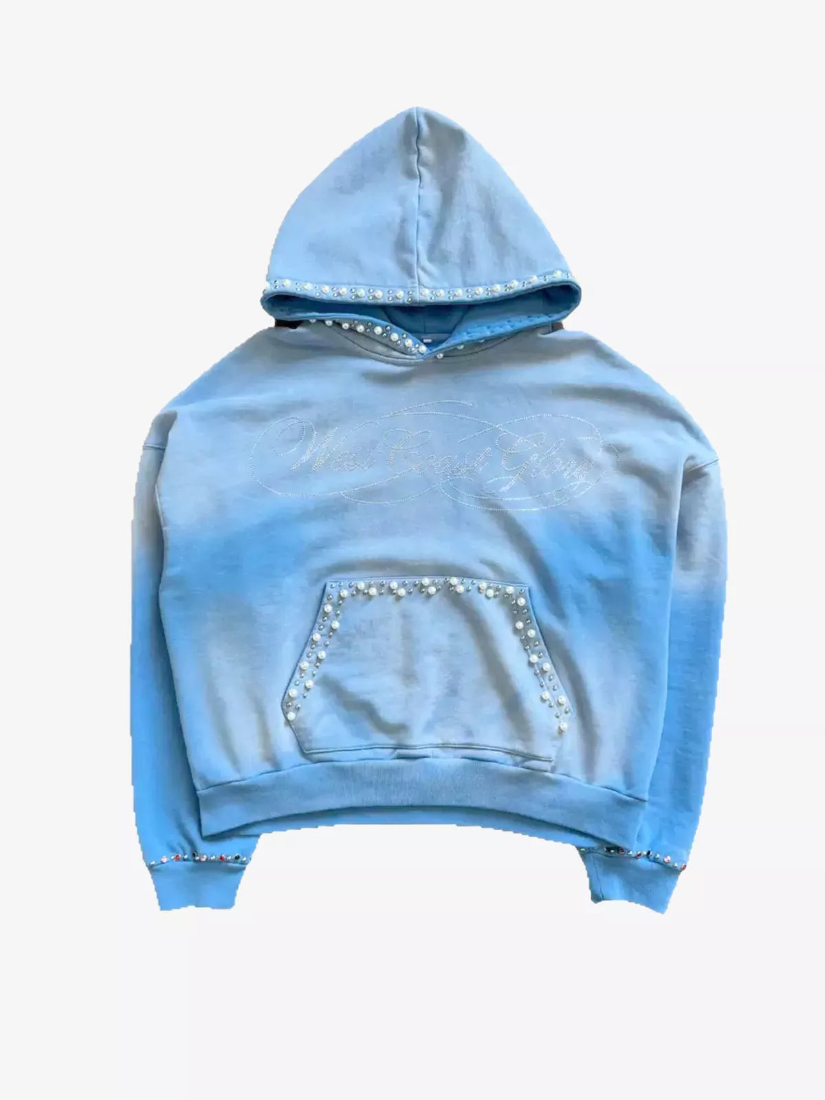 Gradient Washed Distressed Rhinestone And Pearl Hoodie