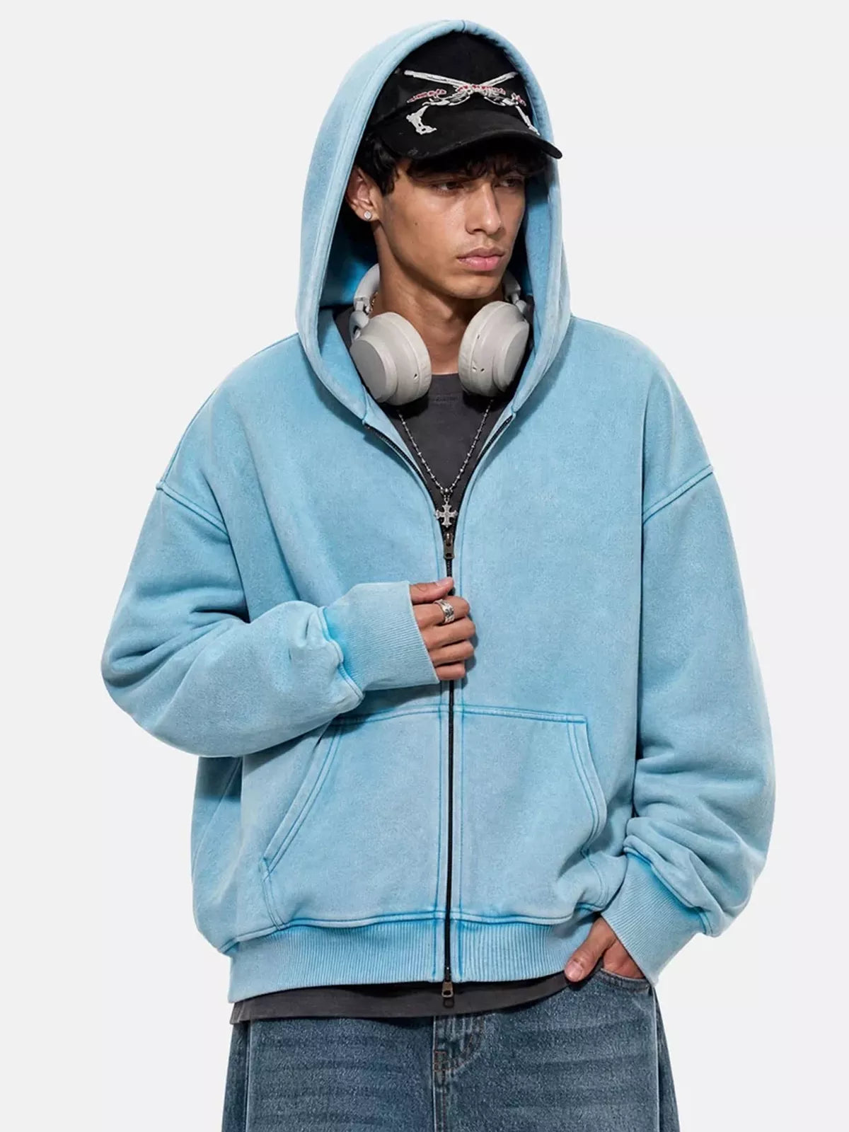 Washed Distressed Fleece Zip Up Hoodies