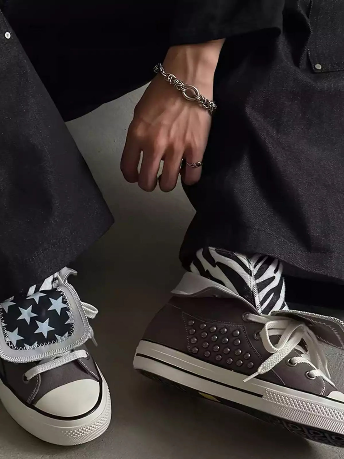 Niceprimes Zebra Pattern Rivet Fold-Over High-Top Sneakers