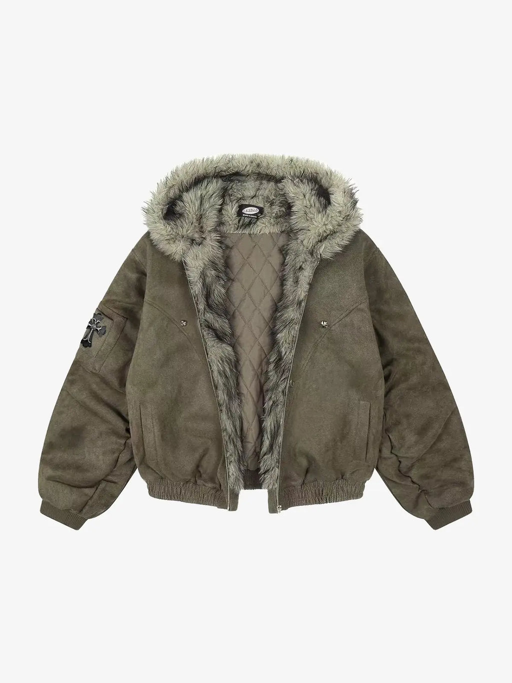 Gothic Cross Faux Fur Hooded Puffer Bomber Jacket