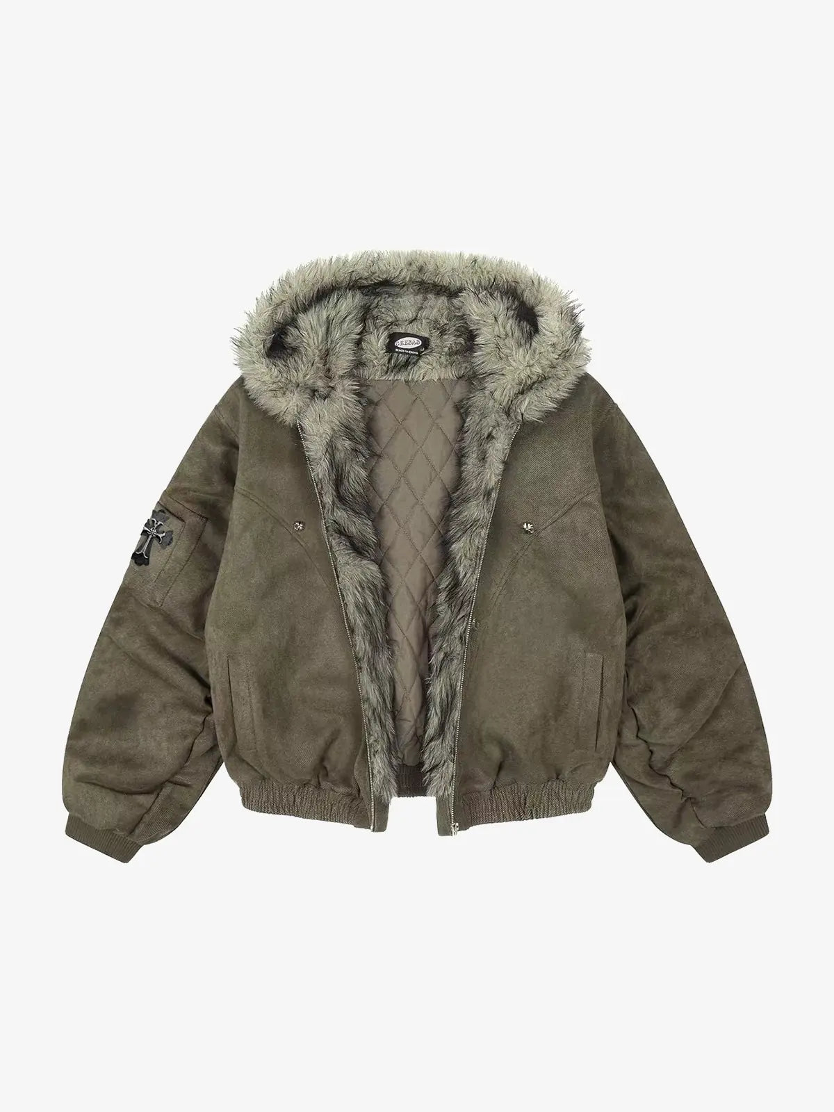 Gothic Cross Faux Fur Hooded Puffer Bomber Jacket