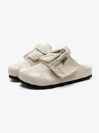 Washed-Denim Zipper-Strap Broad-Toe Clogs