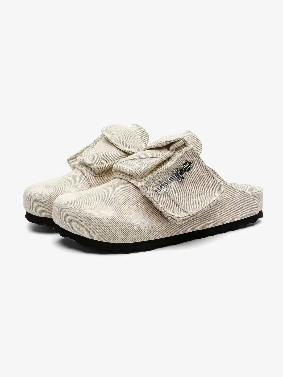 Washed-Denim Zipper-Strap Broad-Toe Clogs