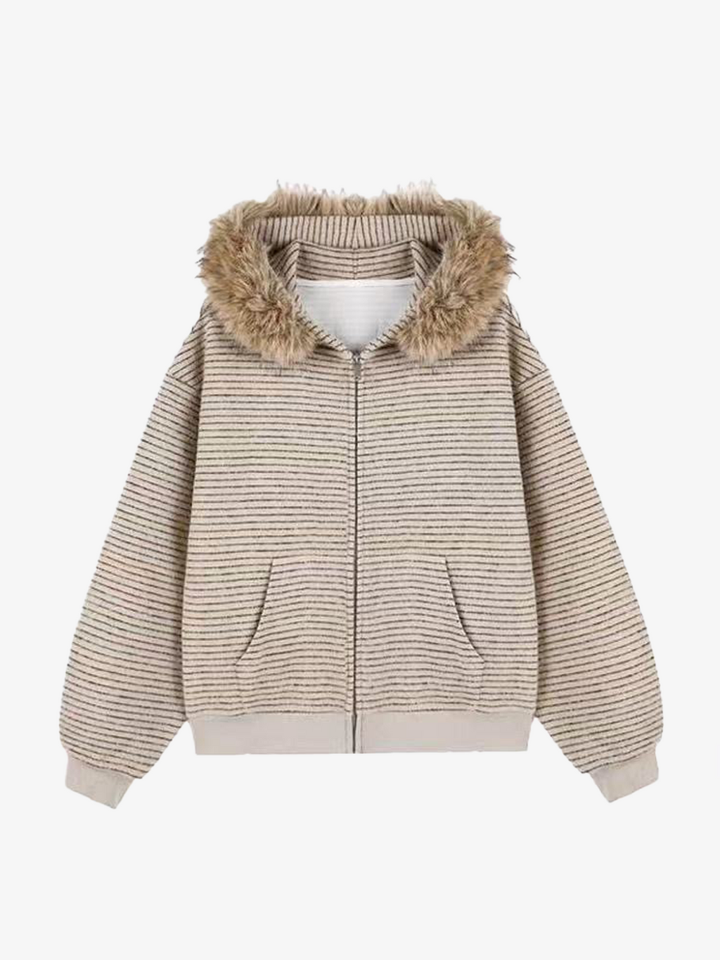 Striped Faux Fur Collar Zip-Up Hoodie Jacket
