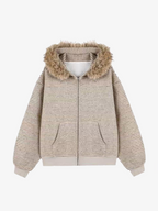 Striped Faux Fur Collar Zip-Up Hoodie Jacket