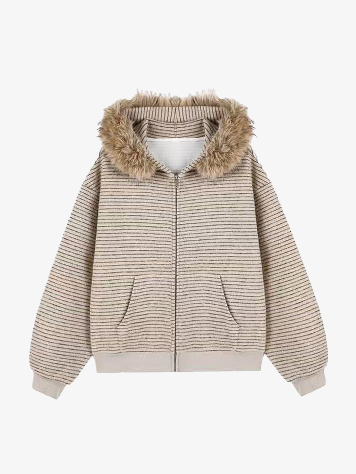 Striped Faux Fur Collar Zip-Up Hoodie Jacket