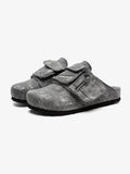 Washed-Denim Zipper-Strap Broad-Toe Clogs