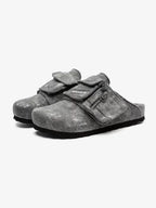 Washed-Denim Zipper-Strap Broad-Toe Clogs