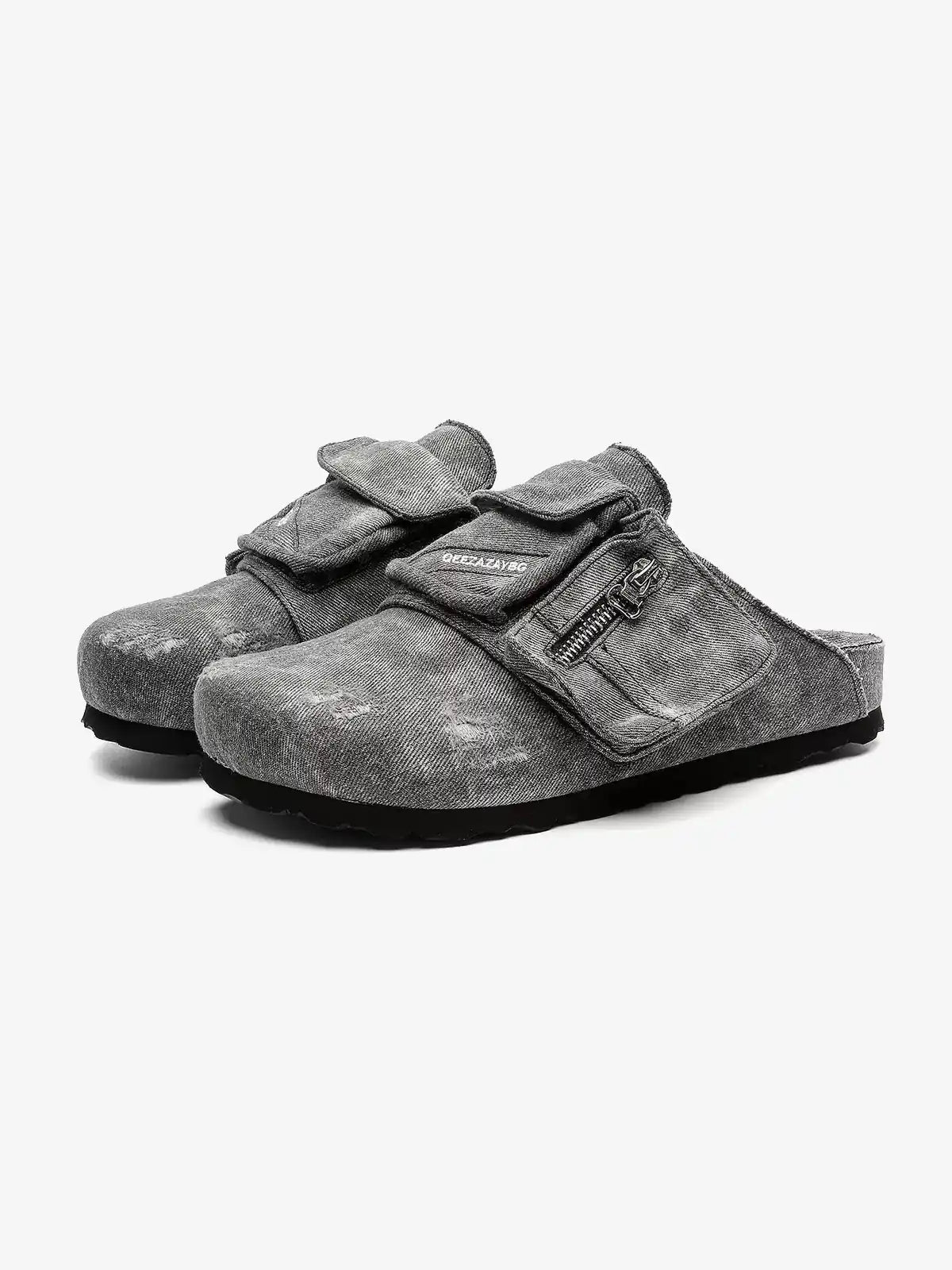 Washed-Denim Zipper-Strap Broad-Toe Clogs