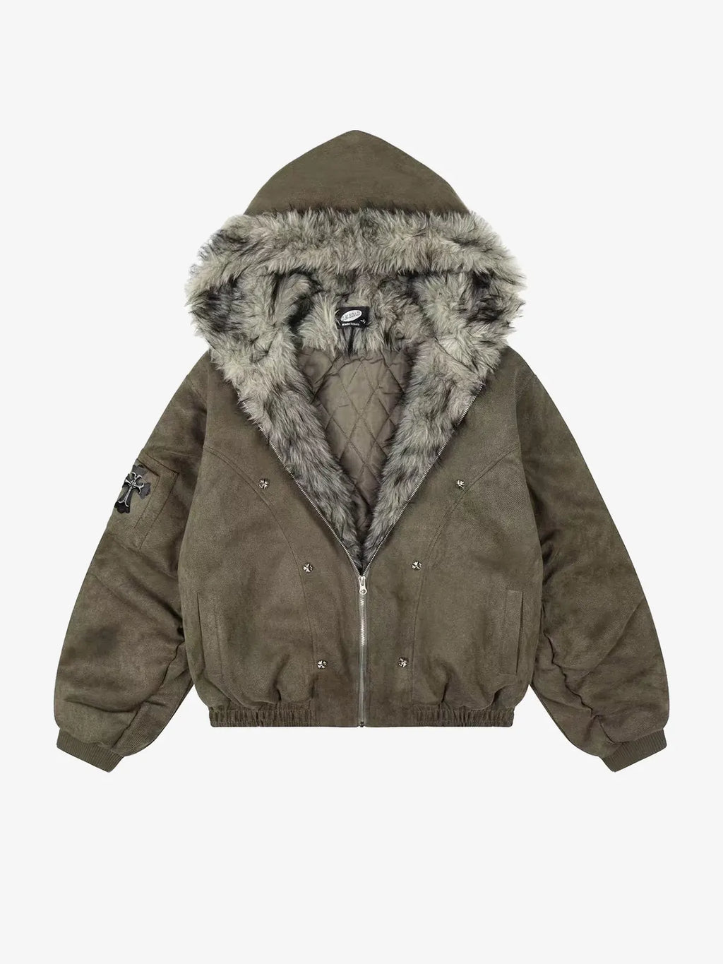 Gothic Cross Faux Fur Hooded Puffer Bomber Jacket