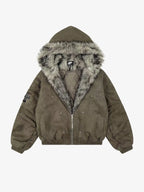 Gothic Cross Faux Fur Hooded Puffer Bomber Jacket