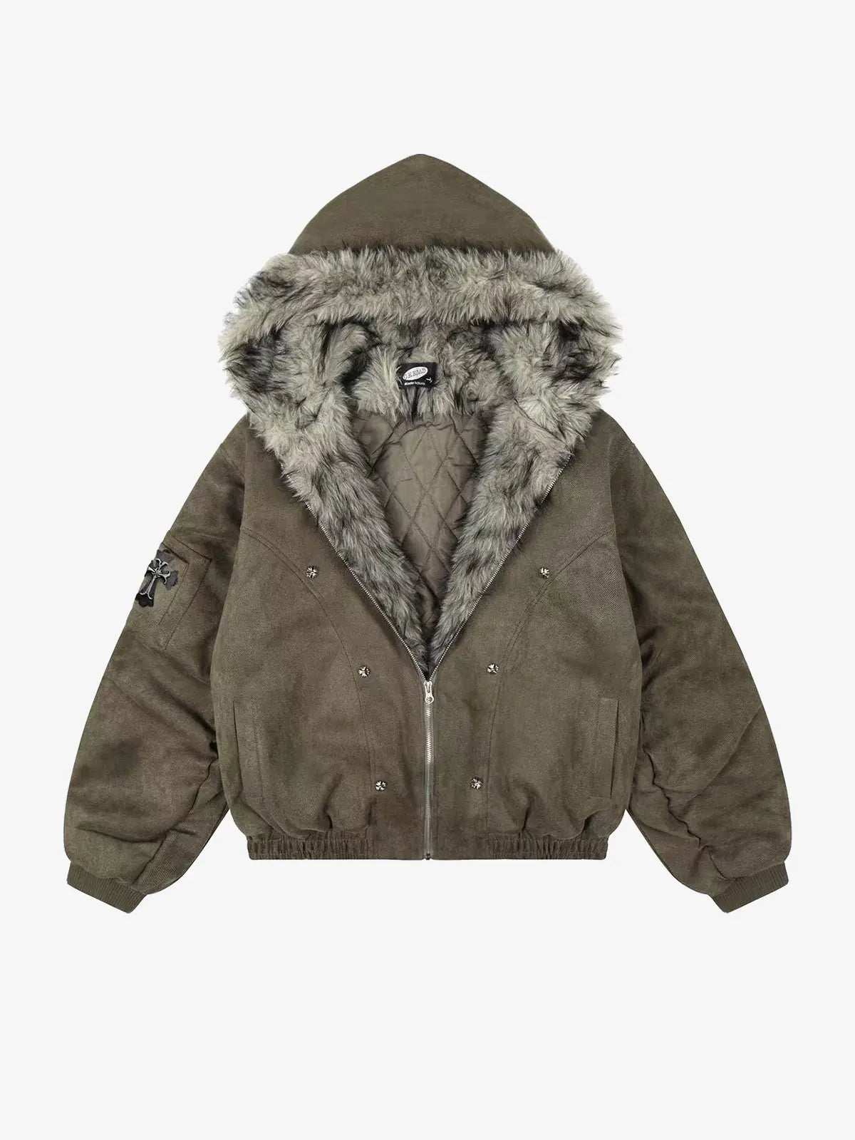 Gothic Cross Faux Fur Hooded Puffer Bomber Jacket