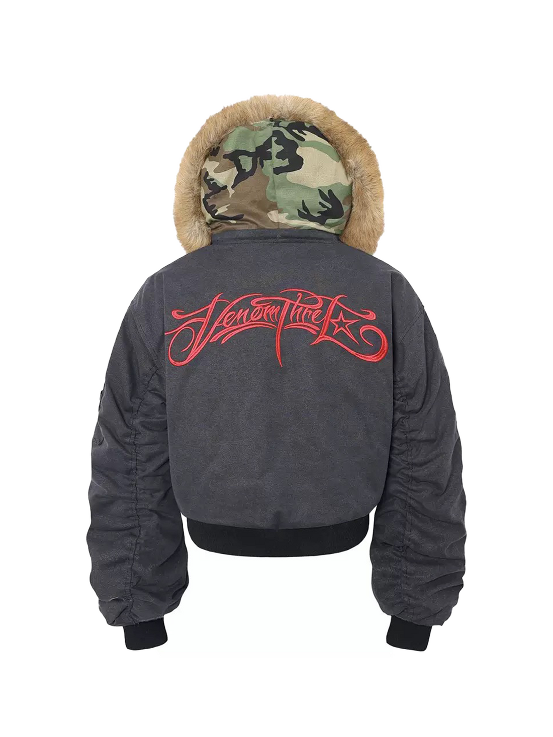 Camouflage Hood Faux Fur Brown Bomber Jacket