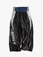 Glossy Silver-Gray Double-Waist Track Pants