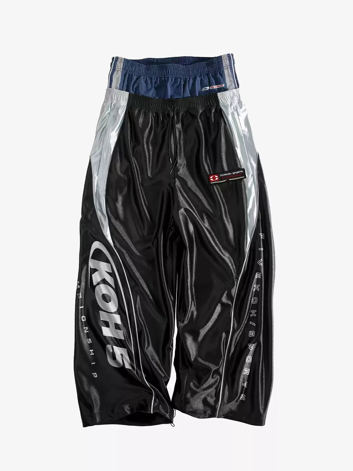 Glossy Silver-Gray Double-Waist Track Pants