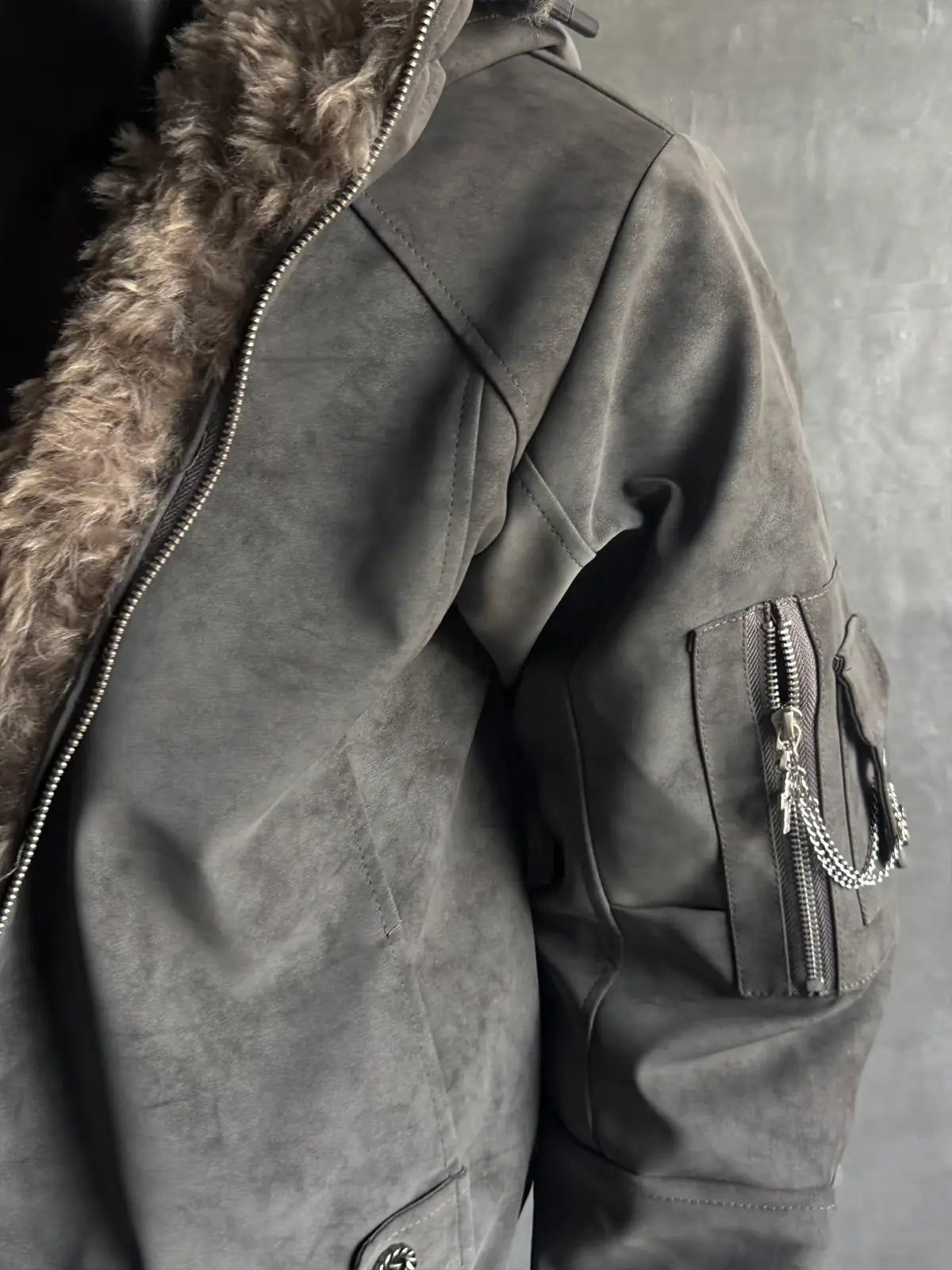 Fur-Trimmed Star-Pendant Suede-Finish Hooded Bomber Jacket