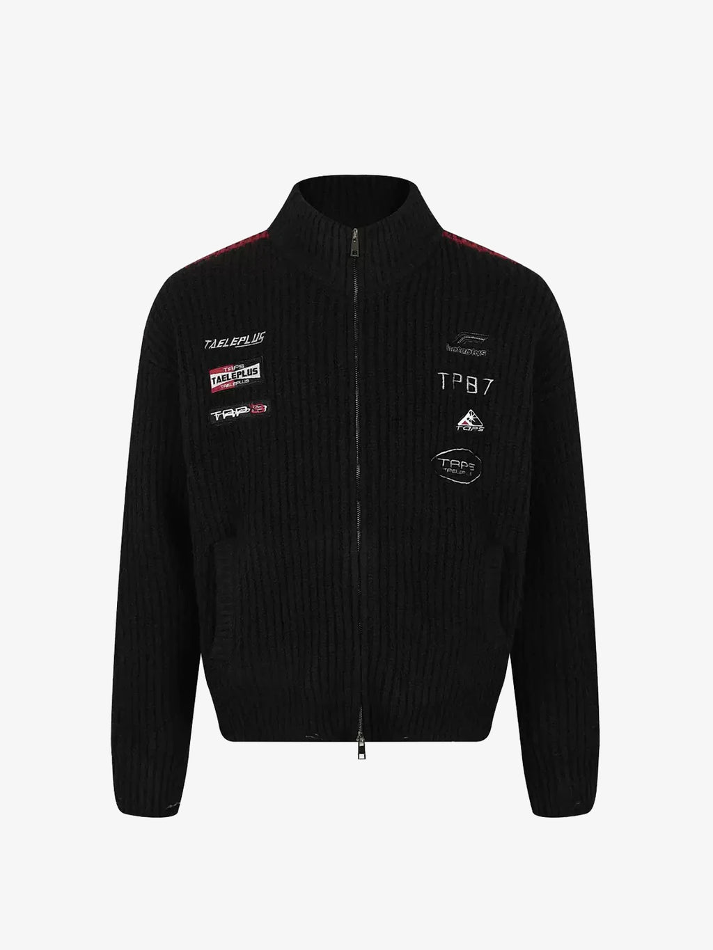 Racing-Patch Ribbed Knit High-Neck Zip-Up Cardigan