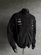Racing-Patch Ribbed Knit High-Neck Zip-Up Cardigan