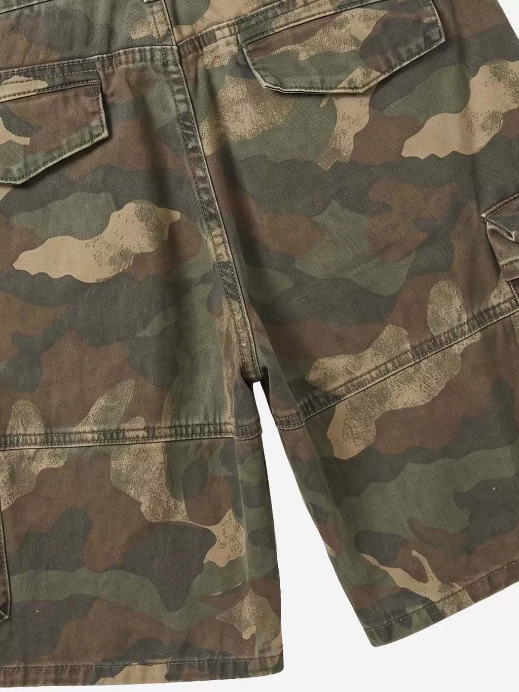 Distressed Camo Wide-Leg Cargo Shorts