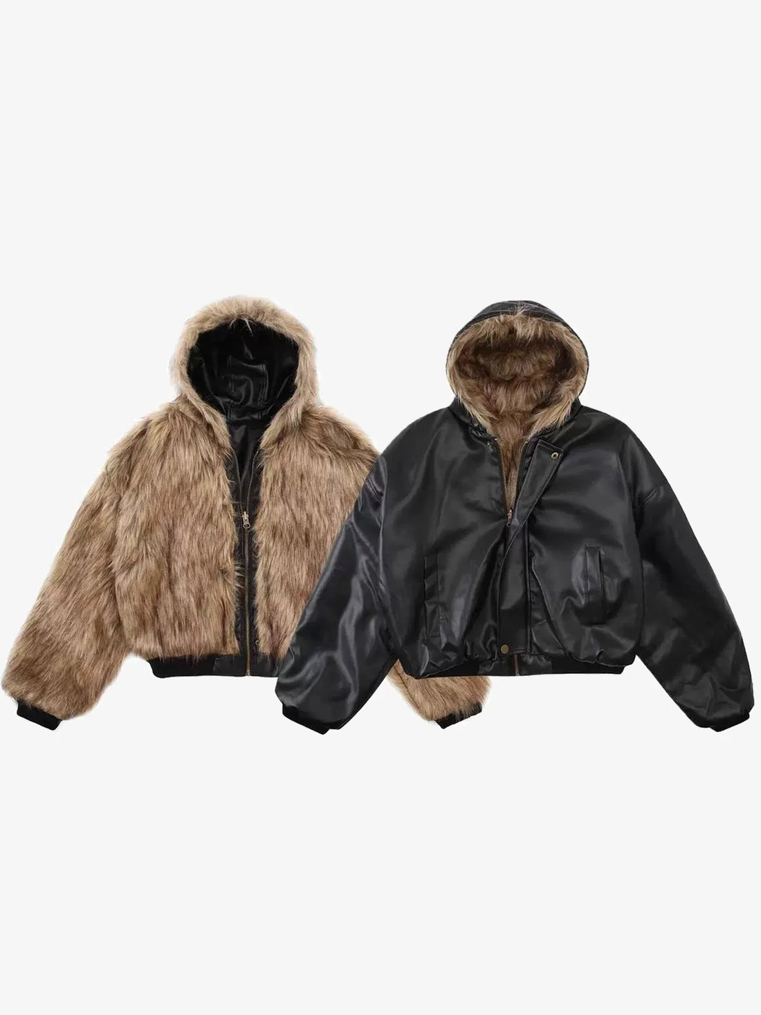 Reversible Faux Fur & Leather Hooded Bomber Jacket