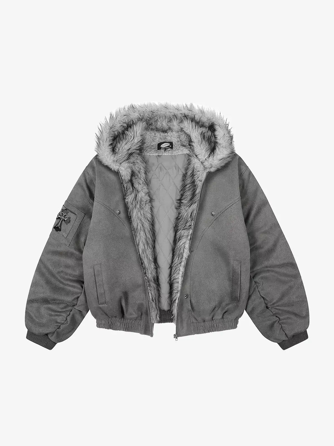 Gothic Cross Faux Fur Hooded Puffer Bomber Jacket