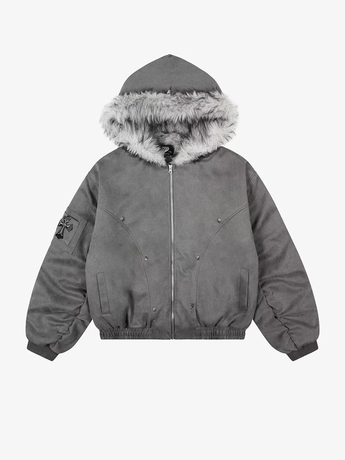 Gothic Cross Faux Fur Hooded Puffer Bomber Jacket